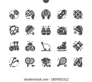 Sports equipment. Active lifestyle, sports. Soccer ball, volleyball, skates, motorcycle helmet, goggles, shuttlecock and badminton rackets. Vector Solid Icons. Simple Pictogram