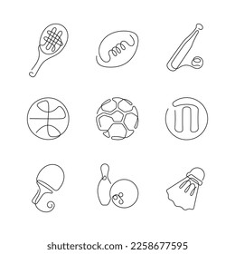 Sports equipment artistic style continuous line icons. Editable stroke.