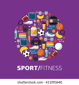 Sports equipment background. Decorative border with training and gaming vector item. Workout supply, sportive wear accessory, nutrition illustration. Sports and fitness equipment in round composition
