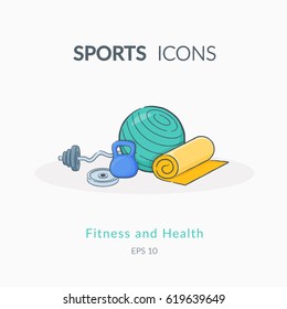 Sports equipment background. Simple vector composition of modern styled pictograms.