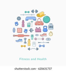 Sports equipment background. Simple vector composition of modern styled pictograms.