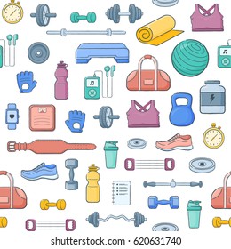 Sports equipment background. Simple vector composition of modern styled pictograms.