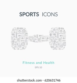 Sports equipment background. Simple vector composition of modern styled pictograms.