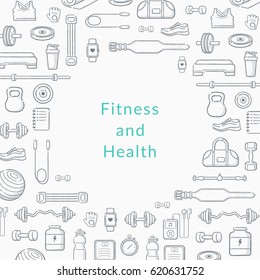 Sports equipment background. Simple vector composition of modern styled pictograms.