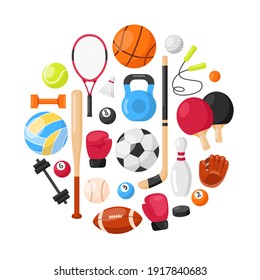 Sports equipment background. Sport concept with balls and gaming items. Balls for football, basketball, volleyball, rugby, soccer, tennis,  golf. Athletic icons. Fitness equipment in round composition