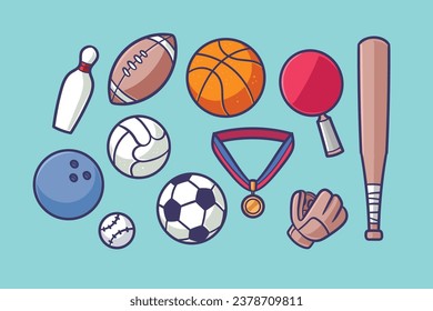 Sports equipment background. Sport concept with balls and gaming items. Balls for football, basketball, volleyball, rugby, soccer, tennis, golf. Athletic icons. Fitness equipment in round