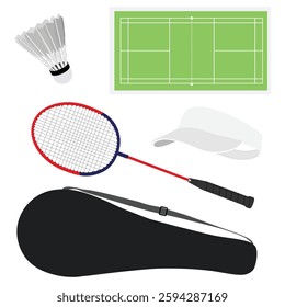 Sports equipment badminton racket, shuttlecock, cap and racket case isolated on white background. Tennis field, court. Vector