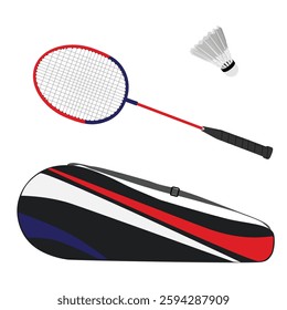 Sports equipment badminton racket, shuttlecock and racket case isolated on white background. Vector