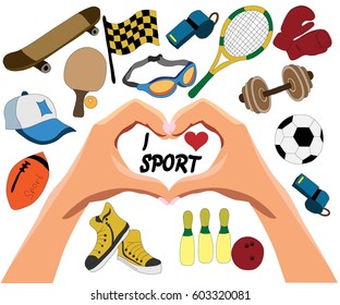 sports equipment: ball, whistle, rackets, bowling balls, sneakers, goggles for swimming on white background