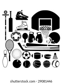 Sports equipment and balls in detailed vector silhouette