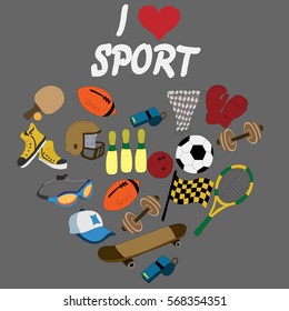 sports equipment: balls, rackets, hats, a bowling ball, dumbbells, whistle on a gray background