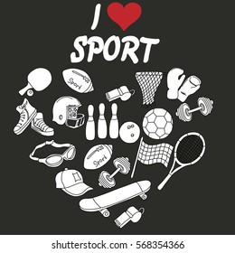sports equipment: balls, rackets, hats, a bowling ball, dumbbells, whistle on a gray background