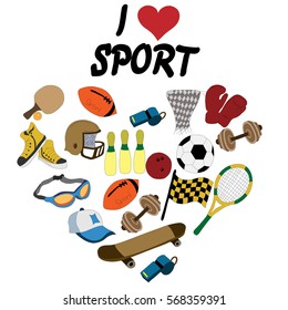 sports equipment: balls, rackets, hats, a bowling ball, dumbbells, whistle on a white background