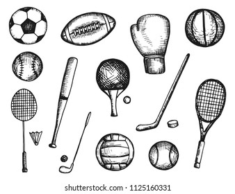 sports equipment balls and rackets vector sketch icons isolated silhouette.