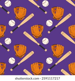 Sports equipment bat, ball and glove. For sports themes, outdoor games and team activity concepts. Seamless pattern for textile, wrapping paper, background.