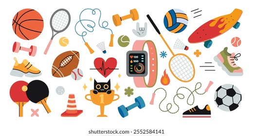 Sports equipment big set. Cardio, running and strength training. Jump rope, sneakers, fitness tracker, dumbbell, balls, rackets and skateboard. Trendy modern isolated vector illustration, flat