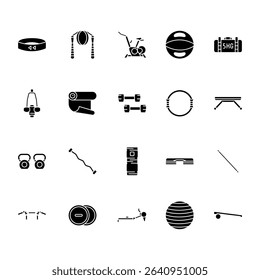 sports equipment black glyph line icons set for digital and print projects.  Minimal clean icons for apps and websites. Modern simple icons for UI UX and branding