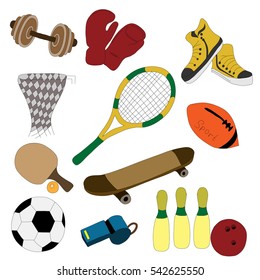 sports equipment: bowling ball, ball, skateboard, whistle, paddle, rod