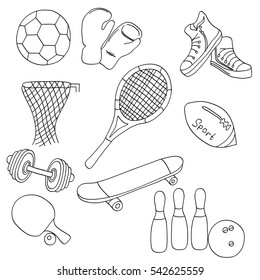 sports equipment: bowling ball, ball, skateboard, whistle, paddle, rod