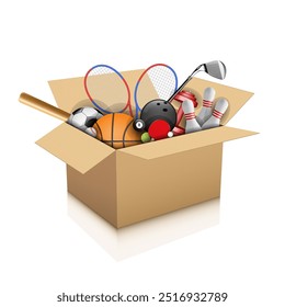 Sports equipment in a cardboard box. Vector illustration