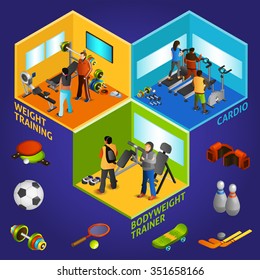 Sports equipment cardio and weight training and bodyweight trainer with athletes isometric vector illustration