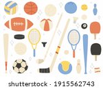 Sports equipment cartoon illustration isolated on white background. Golf and baseball, table tennis and hockey,football, billiards and bowling,  vector hand draw elements sports games equipment. 