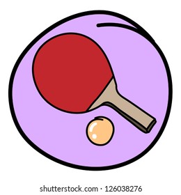 Sports Equipment, A Cartoon Illustration of A Table Tennis Bat or Ping Pong Paddle with A Ball in Purple Circle Frame