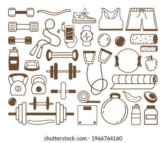 Sports equipment collection. Activity and healthy lifestyle. Fitness, gym, bodybuilding, workout concept. Design elements for print, packaging or stickers. Flat vector illustration. Sketch design.