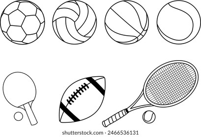 Sports Equipment Collection. Basketball, Baseball, Football, Rugby, Tennis. Sport and Recreation for Healthy Life Style Concept. Simple Black Style Vector Illustration Set