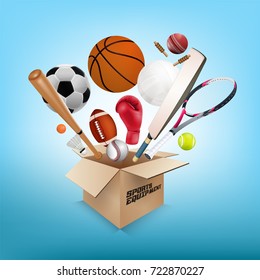 Sports equipment collection out of box with a football, basketball, baseball, soccer, tennis, ball volleyball, boxing gloves, cricket ball and badminton on light blue background. vector illustration.