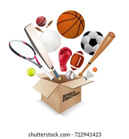 Sports equipment collection out of box with a football, basketball, baseball, soccer, tennis, ball volleyball, boxing gloves, cricket and badminton isolated on white background. vector illustration.
