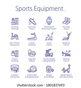 Sports equipment concept. Fitness clothing, gym rowing, elliptical machines, treadmill, weight bench, yoga mat, ball, dumbbell thin line icons set. Sport activity isolated linear vector illustrations