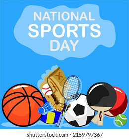 sports equipment consisting of various kinds of balls, bats, etc. a collection of sports equipment to commemorate national sports day.