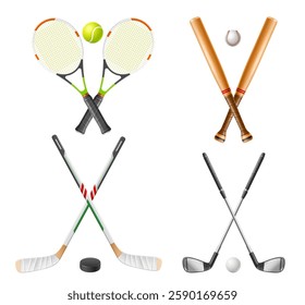 Sports equipment. Crossed baseball bats. Tennis racket. Team game balls. Hockey puck. Golfing sticks. competition league. Players championship. Tournament club. Vector