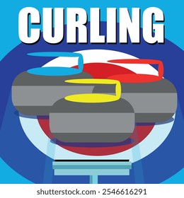 Sports equipment for curling, granite stones on the ice arena with the inscription Curling, winter team Olympic sport, poster of the sport of curling with curling broom that guides stones along sheet