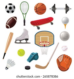 Sports equipment decorative icons set with game balls rackets and accessories isolated vector illustration