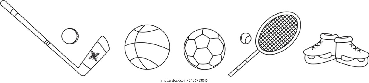 Sports equipment for different sports. Linear vector illustration