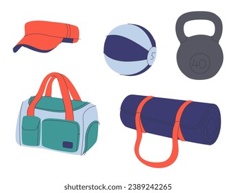 Sports equipment. Dumbbell, barbell, clothes. Yoga equipment. Equipment for training in the gym. Workout stuff bundle. Isolated flat vector illustration