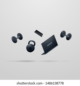 Sports equipment, dumbbells and kettlebell, smartphone and laptop levitate. Vector illustration.