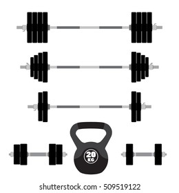 Sports equipment for fitness, workout, gym. Barbells, dumbbells, weight lifting.