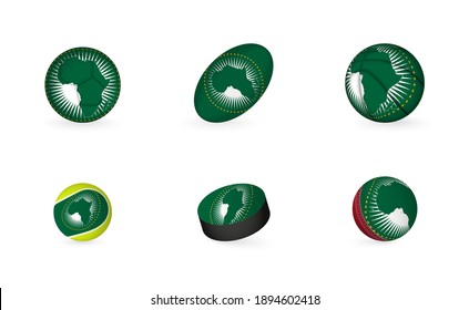 Sports equipment with flag of African Union. Sports icon set of Football, Rugby, Basketball, Tennis, Hockey, Cricket.