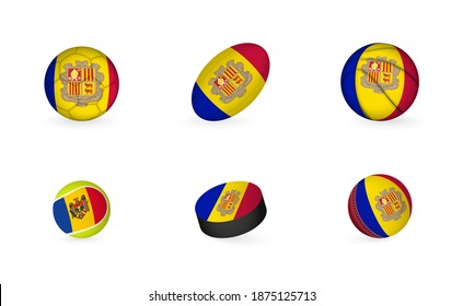 Sports equipment with flag of Andorra. Sports icon set of Football, Rugby, Basketball, Tennis, Hockey, Cricket.