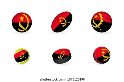 Sports equipment with flag of Angola. Sports icon set of Football, Rugby, Basketball, Tennis, Hockey, Cricket.