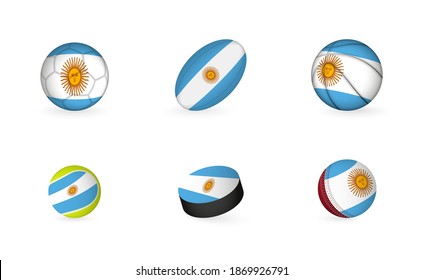 Sports equipment with flag of Argentina. Sports icon set of Football, Rugby, Basketball, Tennis, Hockey, Cricket.