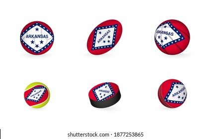 Sports equipment with flag of Arkansas. Sports icon set of Football, Rugby, Basketball, Tennis, Hockey, Cricket.