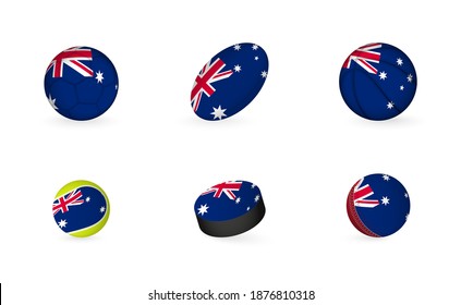 Sports equipment with flag of Australia. Sports icon set of Football, Rugby, Basketball, Tennis, Hockey, Cricket.