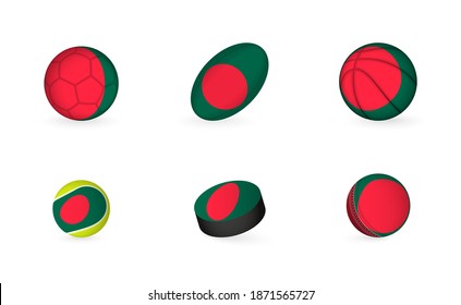 Sports equipment with flag of Bangladesh. Sports icon set of Football, Rugby, Basketball, Tennis, Hockey, Cricket.