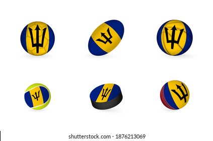 Sports equipment with flag of Barbados. Sports icon set of Football, Rugby, Basketball, Tennis, Hockey, Cricket.