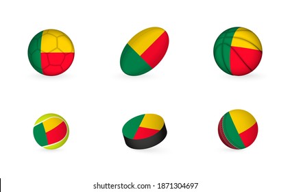 Sports equipment with flag of Benin. Sports icon set of Football, Rugby, Basketball, Tennis, Hockey, Cricket.