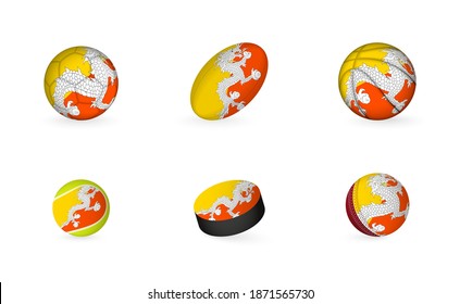 Sports equipment with flag of Bhutan. Sports icon set of Football, Rugby, Basketball, Tennis, Hockey, Cricket.